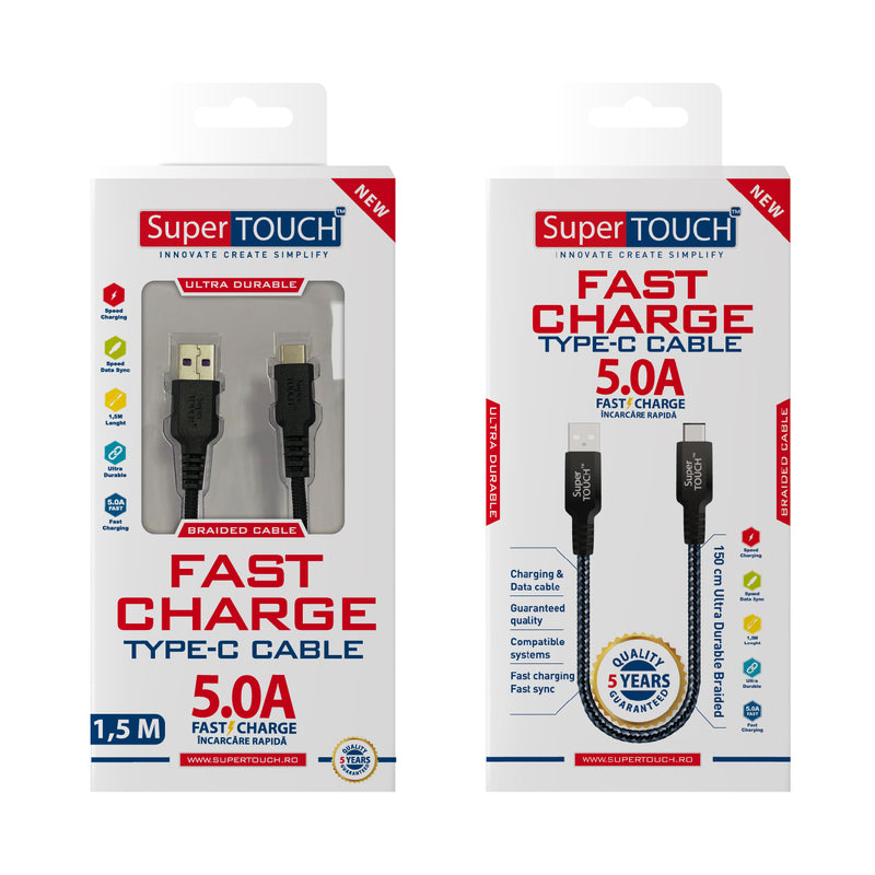 Cablu Type-C de 1.5 m Fast Charge 5A Super TOUCH, negru - 