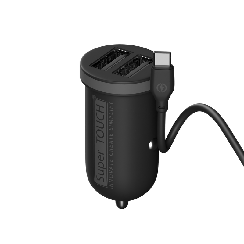 Incarcator auto USB 2.1A dual cu cablu Type-C 100 cm Super TOUCH, negru - 